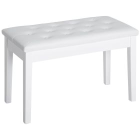 Piano Bench with Storage Wooden Duet Seat White Faux Leather Cushion Button Tufted
