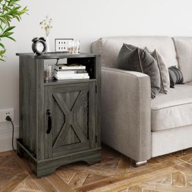 Farmhouse Nightstand with Charging Station Wooden Rustic End Table for Bedroom, Living Room, 16" D x 16" W x 25" H(Set of 1), Dark Grey