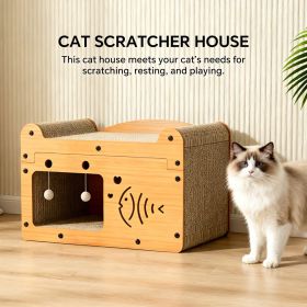 Cat Scratcher House with Bed and 2 Hanging Ball Toys, Wooden Cat Cave with Corrugated Scratching Board