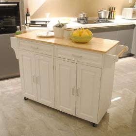 Kitchen Island & Kitchen Cart, Mobile Kitchen Island, Rubber Wood Top, Big & Adjustable Shelf Inside Cabinet for Different Utensils