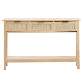 Rattan Console Table with 3 Storage Drawers, Rattan Entryway Table with Natural Rattan Sliding Door, Console Sofa Table for Living Room, Study