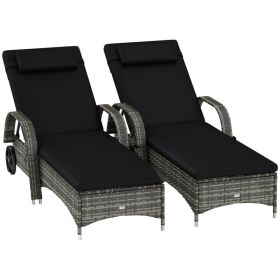 2 Reclining Chaise Lounge Chairs, Rolling Outdoor Chairs With Cushion, Pillow, Headrest, Armrests, And Wheels, Black (Option: BlacK)