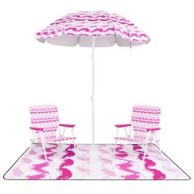 4 Pieces Beach Umbrella Set With 2 Foldable Chairs And Picnic Blanket For Beach And Grass (Option: Pink)