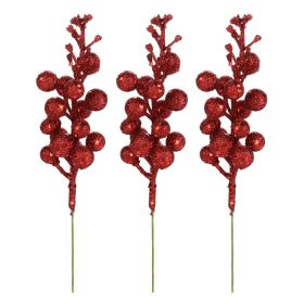 3Pcs Xmas Tree Decoration Berries Shining Sequined Simulated Wreath Rattan Decorative Accessories 15 Heads Holiday Home Decor Red (Option: Default)