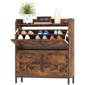 Shoe Cabinet Organizer With 2 Flip Drawers, Legs, Narrow Shoe Storage Cabinet For Entryway, Hallway, Rustic Brown (Option: BROWN)